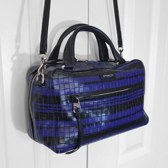 Coach Bleeker Embossed Woven Leather Small Toaster Satchel, Blue Black Striped - Picture 1 of 10